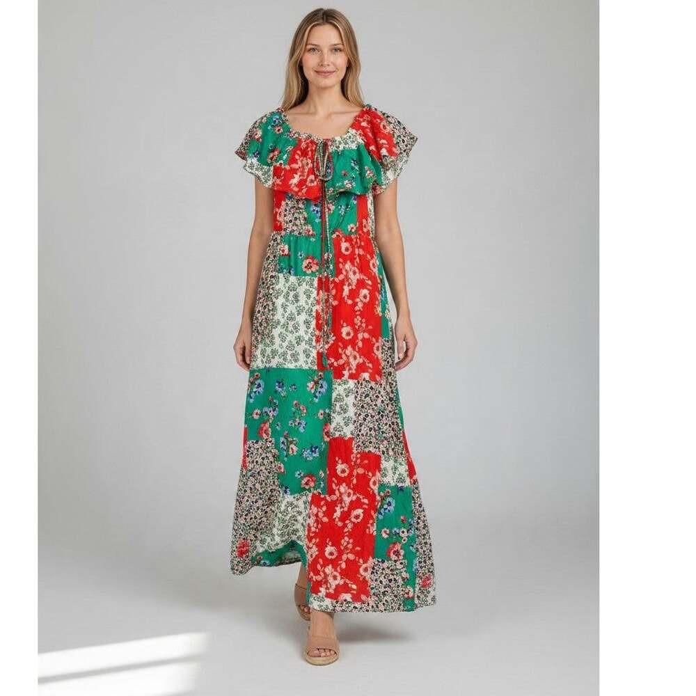 S Promesa vibrant off-the-shoulder floral patchwork maxi dress Peasant Prairie